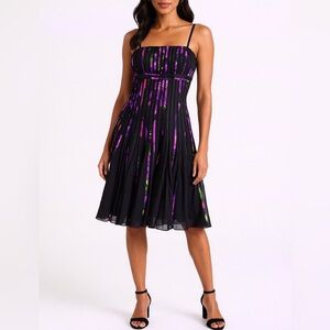 JS Collections Pleated Chiffon Dress Black Multicolor Strap Party Cocktail Size